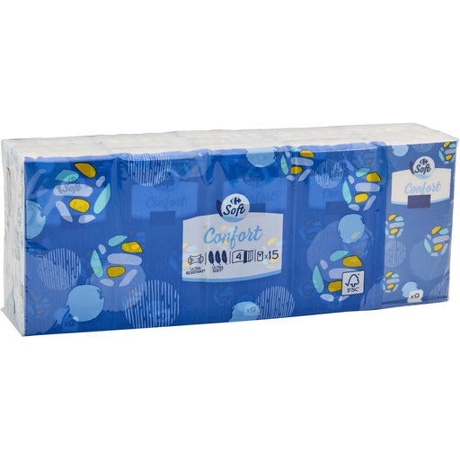 [3560070951642] CARREFOUR Mouchoirs Confort 4 Epaisseurs Ultra Resistant FSC SOFT 15 paquets de 9 mouchoirs