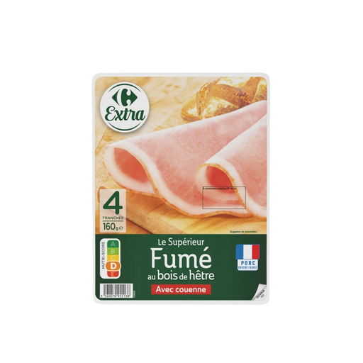 [3560070955138] CARREFOUR Jambon Le Fumé Avec Couenne EXTRA 160 g