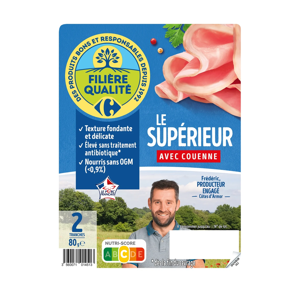 CARREFOUR Jambon Le Supérieur Avec Couenne 80 g