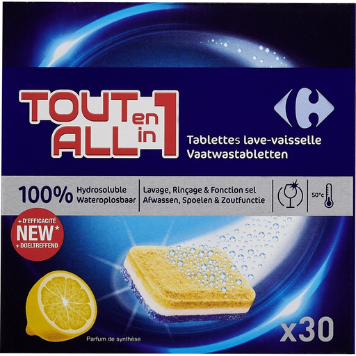 [3560071152697] CARREFOUR Tablettes tout en 1 citron 30 tablettes de 15 g
