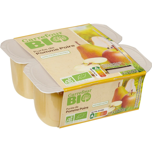[3560071237844] CARREFOUR Apple Pear Compote No Added Sugar Organic 4 pots of 100 g