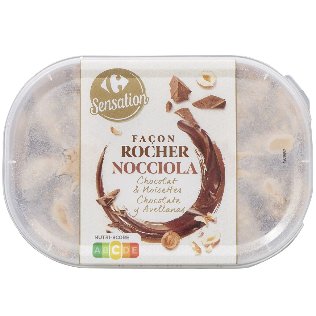 CARREFOUR Helado en Tarrina Chocolate Avellanas Estilo Rocher SENSATION 472,5 g