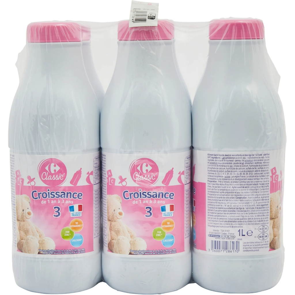 CARREFOUR CLASSIC Leite infantil líquido 3ª idade Desde 12 Meses 6 x 1 L