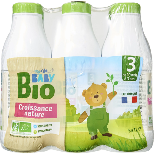 [3560071286262] CARREFOUR Leite bebé líquido 3ª idade Desde 10 Meses Bio Baby 6 garrafas de 1 L