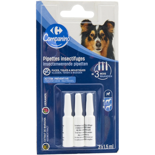 [3560071291181] CARREFOUR Antiparasitaire Pipette Pour Chien Moyen Grand 3 x 1,5 ml