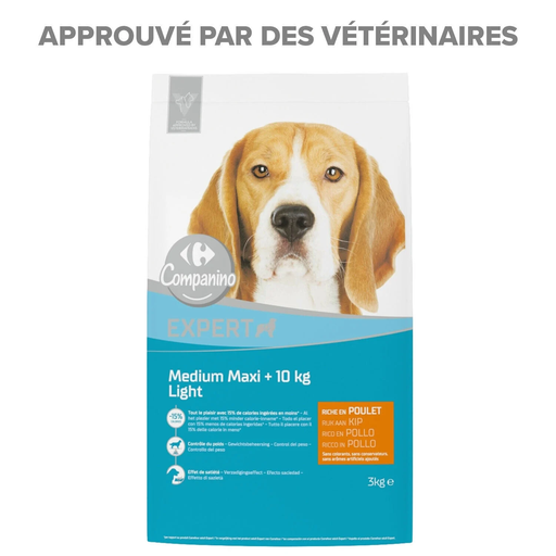 [3560071410308] CARREFOUR Croquettes Pour Chien Adulte Medium Maxi + Light Poulet 3 kg