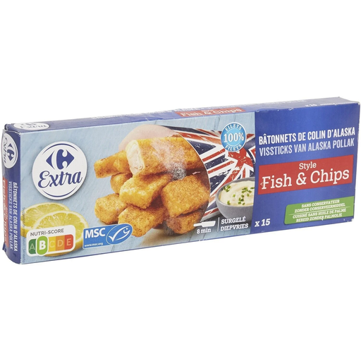 [3560071414948] CARREFOUR Bastoncitos de Abadejo de Alaska Fish & Chips 15 x 27g