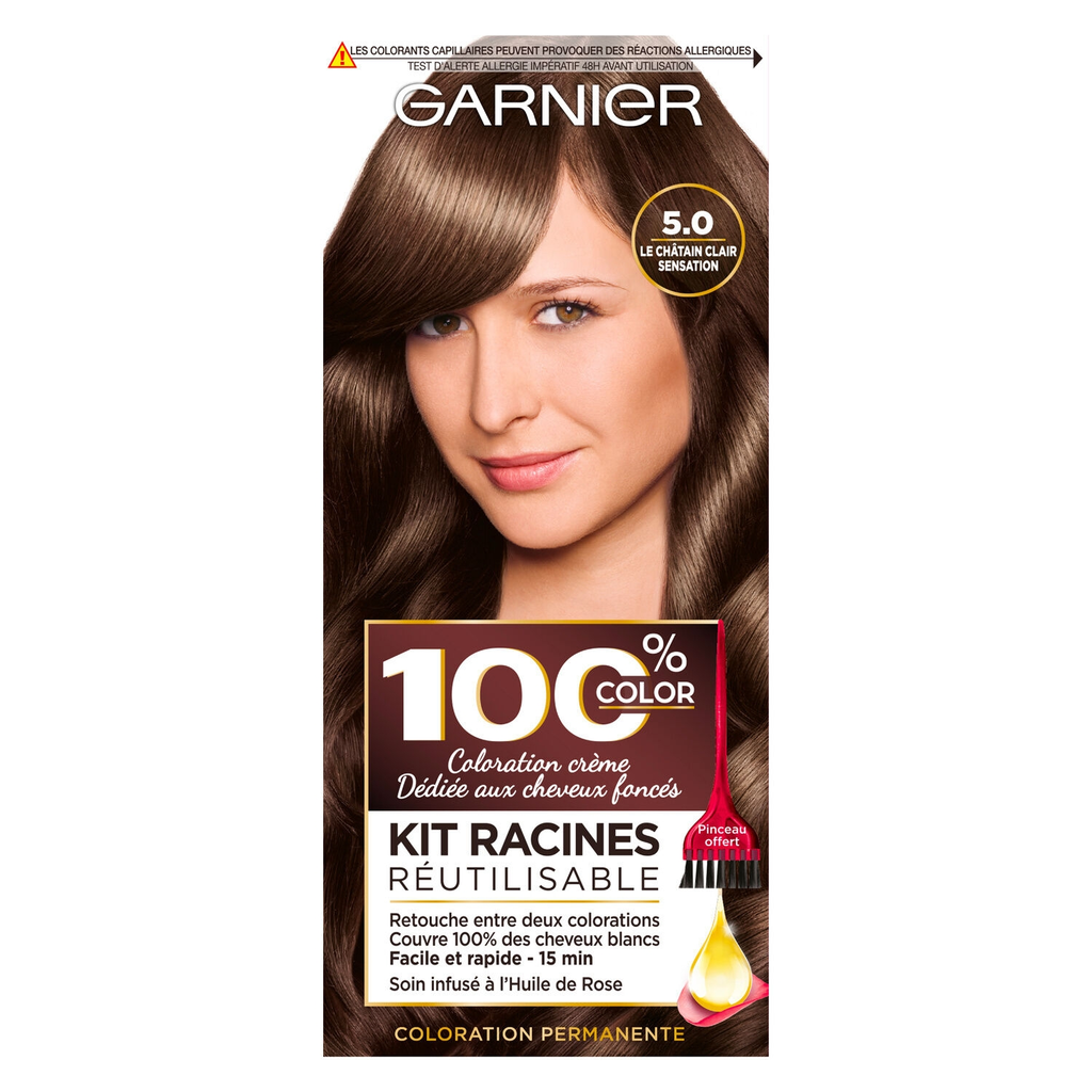100% COLOR Cheveux Permanente 5.0 Kit Racines Chatain Clair Sensation la boîte
