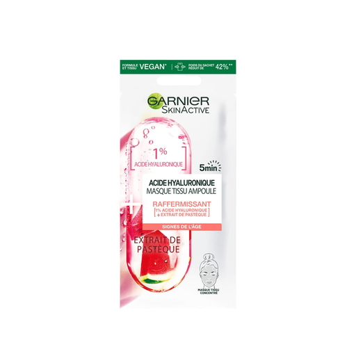 [3600542387262] GARNIER Masque Tissu Visage Ampoule Raffermissant Acide Hyaluronique et Pastèque Skin Active