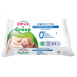 LOVE & GREEN Lingettes écologiques nettoyantes à l'eau pour bébé 56 lingettes
