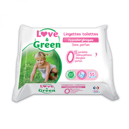 LOVE & GREEN Lingettes de toilettes hypoallergéniques LOVE&GREEN, x55