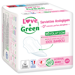 LOVE & GREEN Serviettes Hygiéniques avec Ailettes Normal Hypoallergéniques et Ecologiques LOVE & GREEN