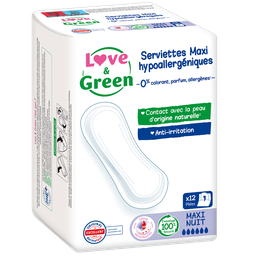 LOVE & GREEN Serviettes hygiéniques maxi hypoallergéniques 0% anti irritation LOVE&GREEN, x12