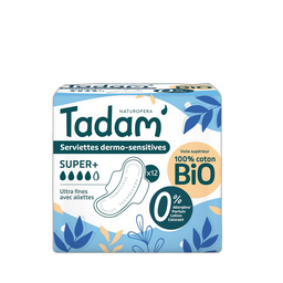 TADAM Compresas higiénicas Sensitive con alas 100% algodón orgánico Super+ 12 compresas