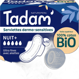 TADAM Compresas higiénicas dermo-sensibles bio noche+ ultra finas con alas 10 unidades