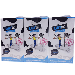 SICA Lait UHT 1/2 écrémé, LAITIK, 6 briques bouchon de 1 L