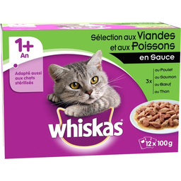 WHISKAS Refeição Para Gato Seleção Carnes e Peixes em Molho 4 Variedades 12 x 100 g