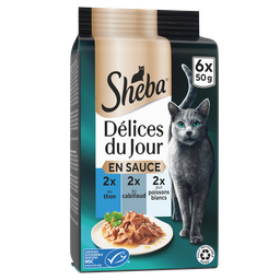 SHEBA Délices du Jour Patê para gato de atum, bacalhau e peixe 6 x 50 g