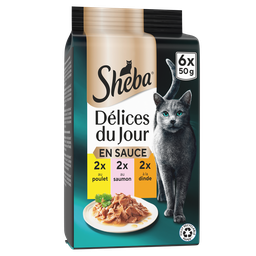 SHEBA Délices du Jour Comida húmida para gato frango, salmão e peru 6x50g