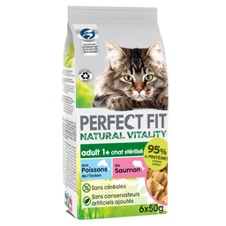 PERFECT FIT Refeição Natural Vitality peixe e salmão para gatos esterilizados 6 x 50 g