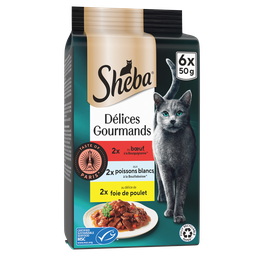 SHEBA Délices Gourmands Comida húmida para gato vaca, peixe e fígado de galinha 6 x 50 g