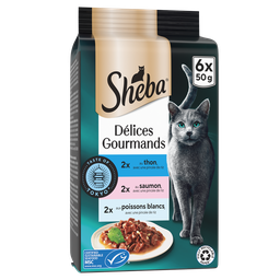 SHEBA Délices Gourmands Paté para gato atum, salmão e peixe 6 x 50 g