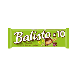 BALISTO Barres chocolatées muesli goût noisettes raisins les 10 barres de 18,5 g