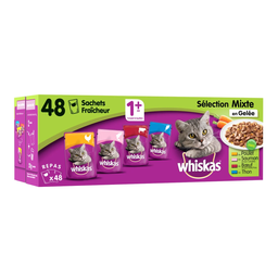 WHISKAS Comida Húmida para Gato Adulto em Gelatina Carne Peixe 48 saquetas de 100 g