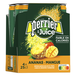 PERRIER Eau gazeuse & juice aromatisée ananas mangue boîtes 4x25cl