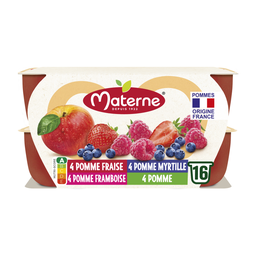 MATERNE Sobremesa de fruta Copos Maçã, Maçã Morango, Maçã Framboesa, Maçã Mirtilo 16 x 100 g