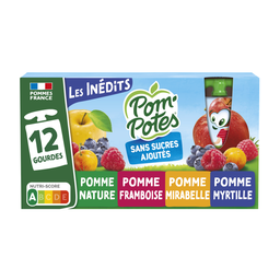 POM'POTES Compote Les Inédits pomme, framboise, mirabelle, myrtille sans sucres ajoutés