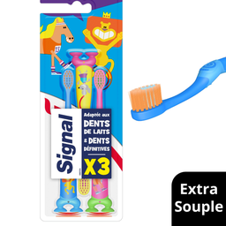 SIGNAL Brosses à dents extra souple pour enfants 2-6 ans, le lot de 3 brosses
