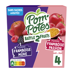POM'POTES Compote Battle2Fruits pomme framboise mûre, passion sans sucres ajoutés