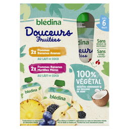 BLEDINA Compote bébé dès 6 mois Pommes Bananes Ananas Lait de Coco et Pommes Bananes Myrtilles Mûres Végétale