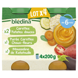 BLEDINA Plat bébé dès 6 mois Carottes Patates douces Purée Carottes Choux fleurs Mousseline Ratatouille