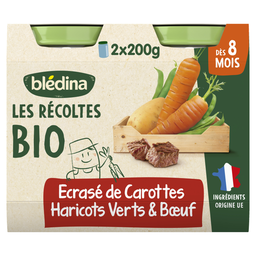 BLEDINA Plat bébé dès 8 mois Écrasé de Carottes Haricots verts Bœuf Les Récoltes Bio