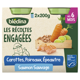 BLEDINA Plat bébé dès 6 mois Carottes Poireaux Épeautre Saumon Les Récoltes Engagées