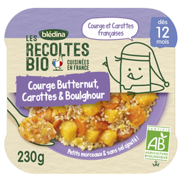 BLEDINA Plat Bébé Courge Butternut Carottes Boulghour Les Récoltes Bio 230 g