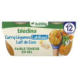BLÉDINA Plat bébé Curry de Légumes Cabillaud & Lait de Coco en Morceaux dès 12 Mois