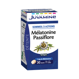JUVAMINE Détente melatonina pasiflora Sueño 3 acciones 30 comprimidos 17 g