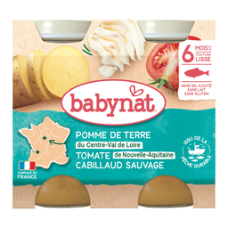 BABYBIO Babynat Batata Tomate Bacalhau Selvagem, lote de 2 frascos de 200g