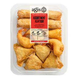 AGIS Assort. asiatique (Nems porc, beignets crev., sam.boeuf curry) + sce nuoc-mam et aigre dce 12 pièces 340g