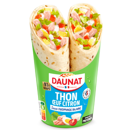 DAUNAT Sandwich Wrap Tortilla de trigo con semillas de lino salsa de yogur y hierbas, atún Listao natural y tomates marinados 190 g