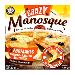 LA PIZZA DE MANOSQUE Pizza aux fromages (cheddar, raclette, mozzarella) avec un bord fourré au fromage fondu, cuite au feu de bois surgelée 470 g