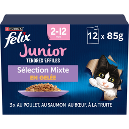 FELIX Comida húmeda para gatitos junior trocitos en gelatina surtido 12 sobres de 85 g