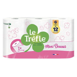 LE TREFLE Papier toilette blanc maxi douceur 2 épaisseurs = 12 standards 6 rouleaux