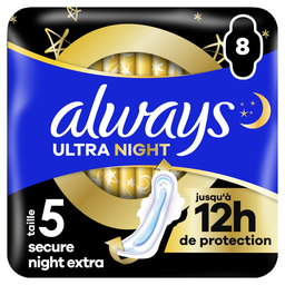 ALWAYS Compresas con Alas Noche Talla 5 Ultra Secure Night Extra, pack de 8 compresas