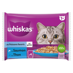 WHISKAS Frescura Peixes favoritos em gelatina para gato adulto 4 x 85 g