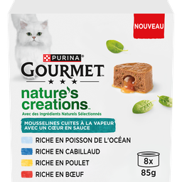 GOURMET Purina Nature's Creations Mousselines Corazón en Salsa Pescado Pollo y Ternera 8 x 85 g