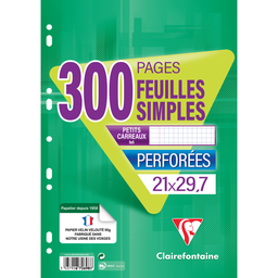 CLAIREFONTAINE Feuilles Simples Blanches Perforées 210X297 300 Pages 5X5 Arrete+Marge Papier P.E.F.C. 90g